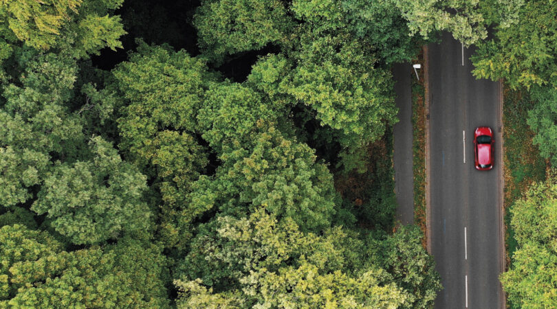 Simply Sustainable Carbon and Climate Header. Forest with road snaking through from above drone shot
