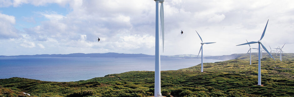 Simply Sustainable ESG and Sustainability Strategy Header. Wind turbines on the coast overlooking the sea with birds flying